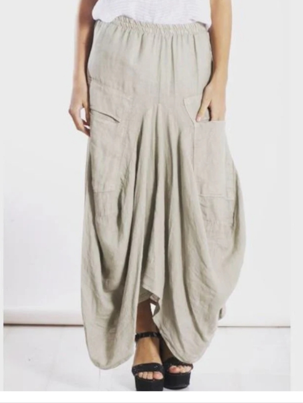 Relaxed Draped Maxi Skirt in Beige Cotton/linen Size L/XL